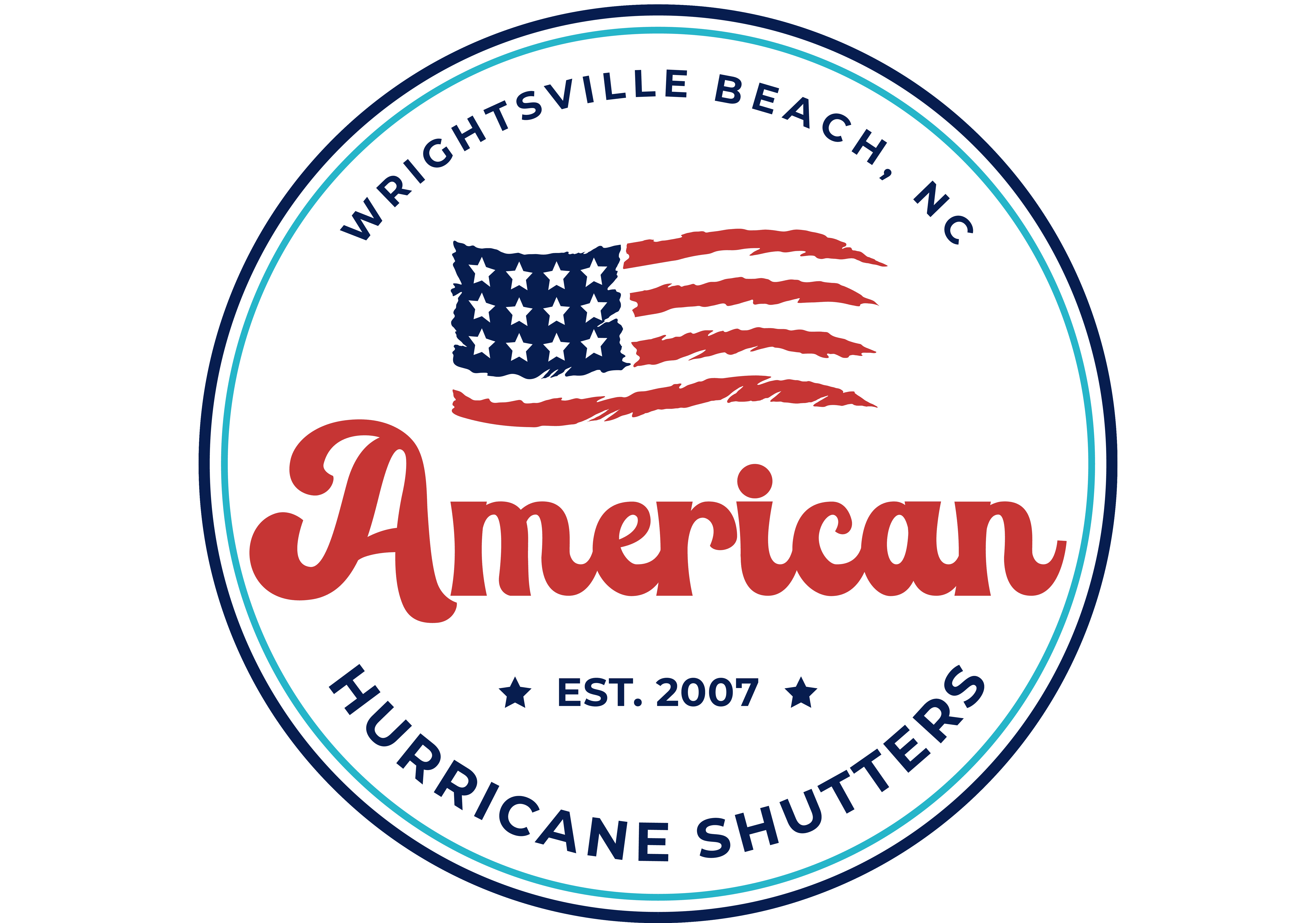 Logo of American Hurricane Shutters with an American flag motif above the name. Text reads "Wrightsville Beach, NC," "American," and "EST. 2007." Background is green and features the keyword "Carolina. in either North or South Carolina