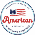 American Hurricane Shutters logo featuring a stylized American flag and text, representing hurricane shutter installation services in the Carolinas.