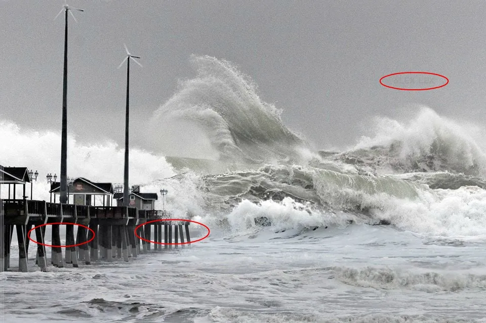 A tumultuous sea with enormous waves crashing against a pier, highlighted by two large, red circles emphasizing specific wave features, under a stormy sky during the impact of a hurricane. in either North or South Carolina A tumultuous sea with enormous waves crashing against a pier, highlighted by two large, red circles emphasizing specific wave features, under a stormy sky during the impact of a hurricane. Deploy your hurricane shutters prior to this in either North or South Carolina
