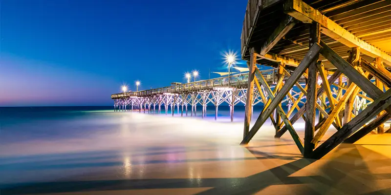 A wooden pier extends over the calm ocean waters at twilight in Myrtle Beach, with soft waves rippling along the shore. Bright lights illuminate the pier, contrasting with the deep blue sky and softly lit horizon. in either North or South Carolina