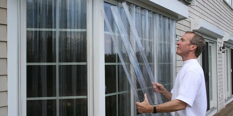 Man installs lexan hurricane panels, wilmington - american hurricane shutters Man installs Lexan hurricane panels on Wilmington window.