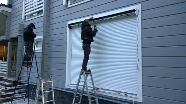 Wilmington rolling hurricane shutter installation - american hurricane shutters Two people in winter clothing are standing on ladders in Wilmington, installing or maintaining a white electric rolldown shutter on a gray house. One person works directly on the shutter while the other observes. Snow blankets the ground. in either North or South Carolina