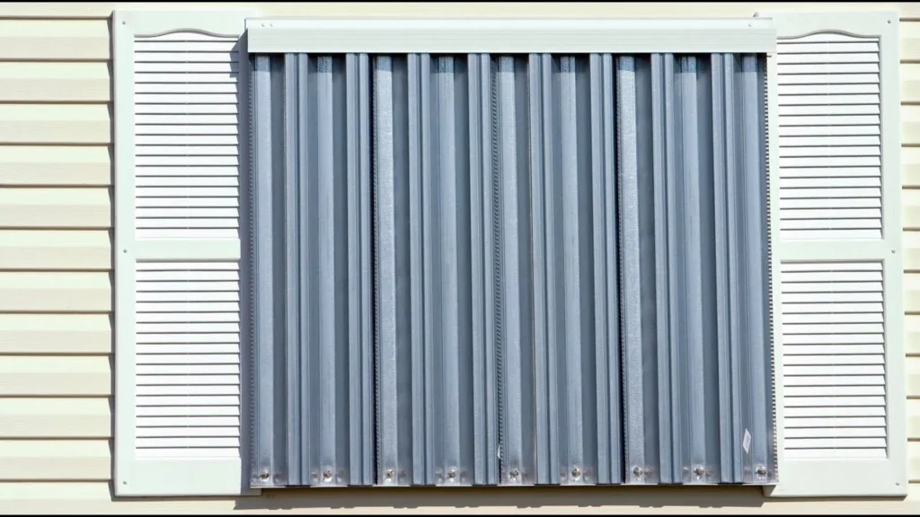 A window on a beige house in South Carolina, covered with silver TAS Approved Hurricane Shutters, framed by white decorative shutters on each side. in either North or South Carolina A window on a beige house in South Carolina, covered with silver TAS Approved Hurricane Shutters, framed by white decorative shutters on each side. in either North or South Carolina