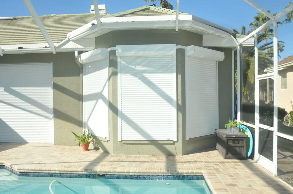 Myrtle beach home: fully deployed roll-down shutters - american hurricane shutters TAS-approved hurricane shutters South Carolina