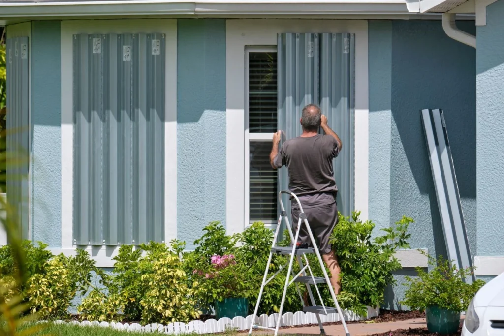 Man installs hurricane shutters on blue house, Wilmington.