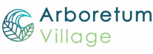 Arboretum village logo: green & teal brand identity - american hurricane shutters Arboretum Village logo, a stylized green and teal leaf emblem.