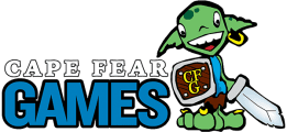 Cape fear games: fun goblin gaming logo - american hurricane shutters Cape Fear Games logo shows a cheerful goblin character.