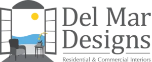 Del Mar Designs logo: coastal interior design, window shutters.