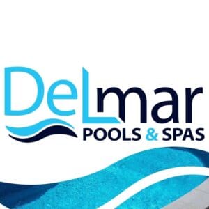 Delmar pools & spas logo and pool design - american hurricane shutters Delmar Pools & Spas logo, blue waves, and swimming pool.