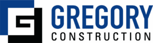 Modern Gregory Construction logo: black G and blue text.