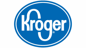 Kroger supermarket logo: white script in oval on blue.