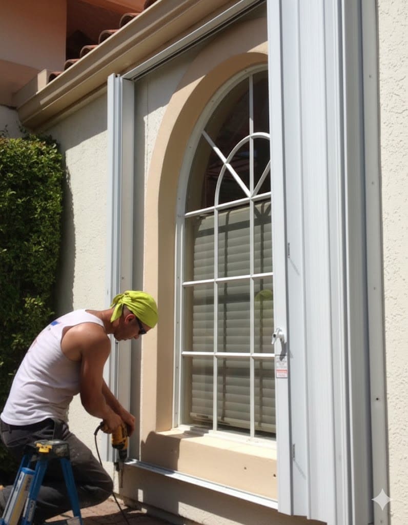 a technician installing an accordion hurricane shutter