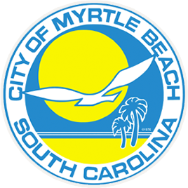 Myrtle Beach, SC city seal: sun, seagull, palms. Hurricane shutter experts.