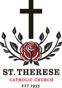 Classic St. Therese Catholic Church logo with cross, rose.