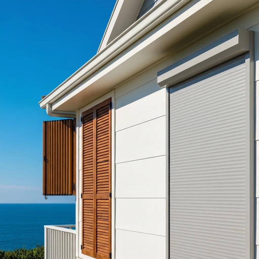 Accordion and roll-down shutters on a coastal home, showcasing durability and design