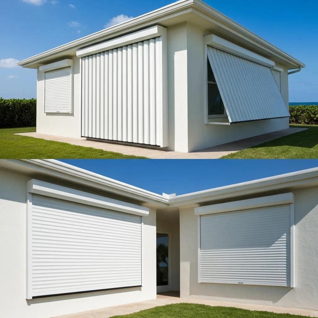 Accordion and roller shutters on a coastal home, showcasing hurricane protection features