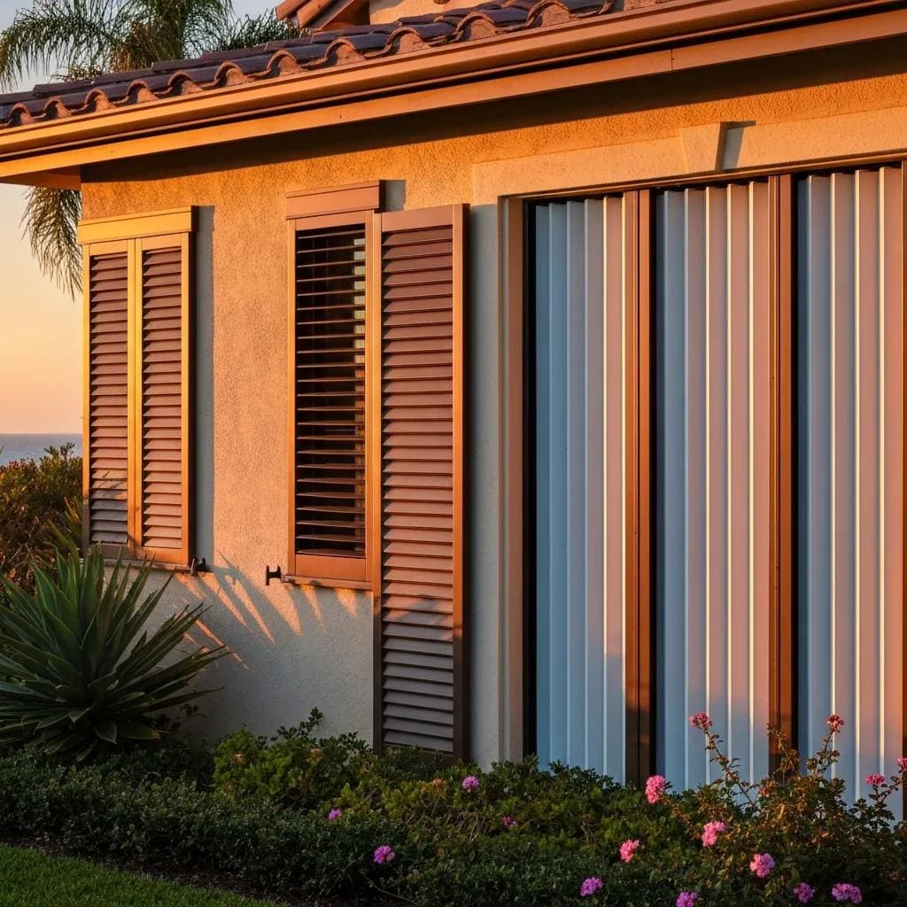 Accordion hurricane shutters closed on a coastal home, demonstrating their protective features and design