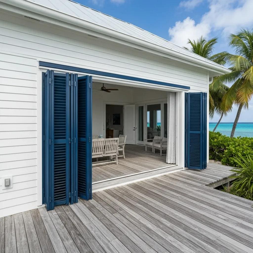 Accordion hurricane shutters installed on a coastal house showing form and function