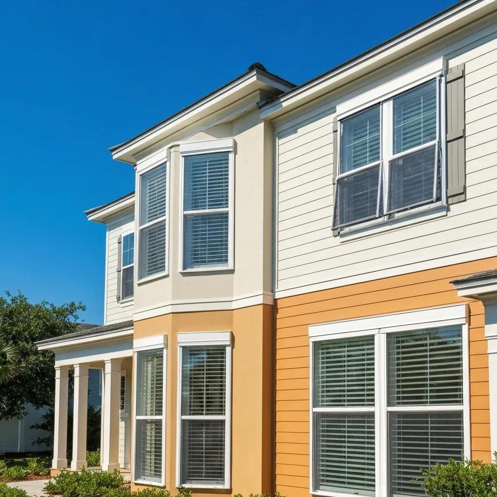 Accordion shutters and aluminum storm shutters on a coastal home, showcasing durability and aesthetic appeal