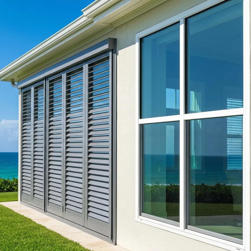 Accordion shutters and impact-resistant glass on a coastal home, showcasing hurricane protection options