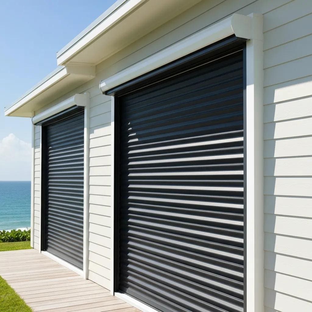 Accordion shutters installed on a coastal home for hurricane protection