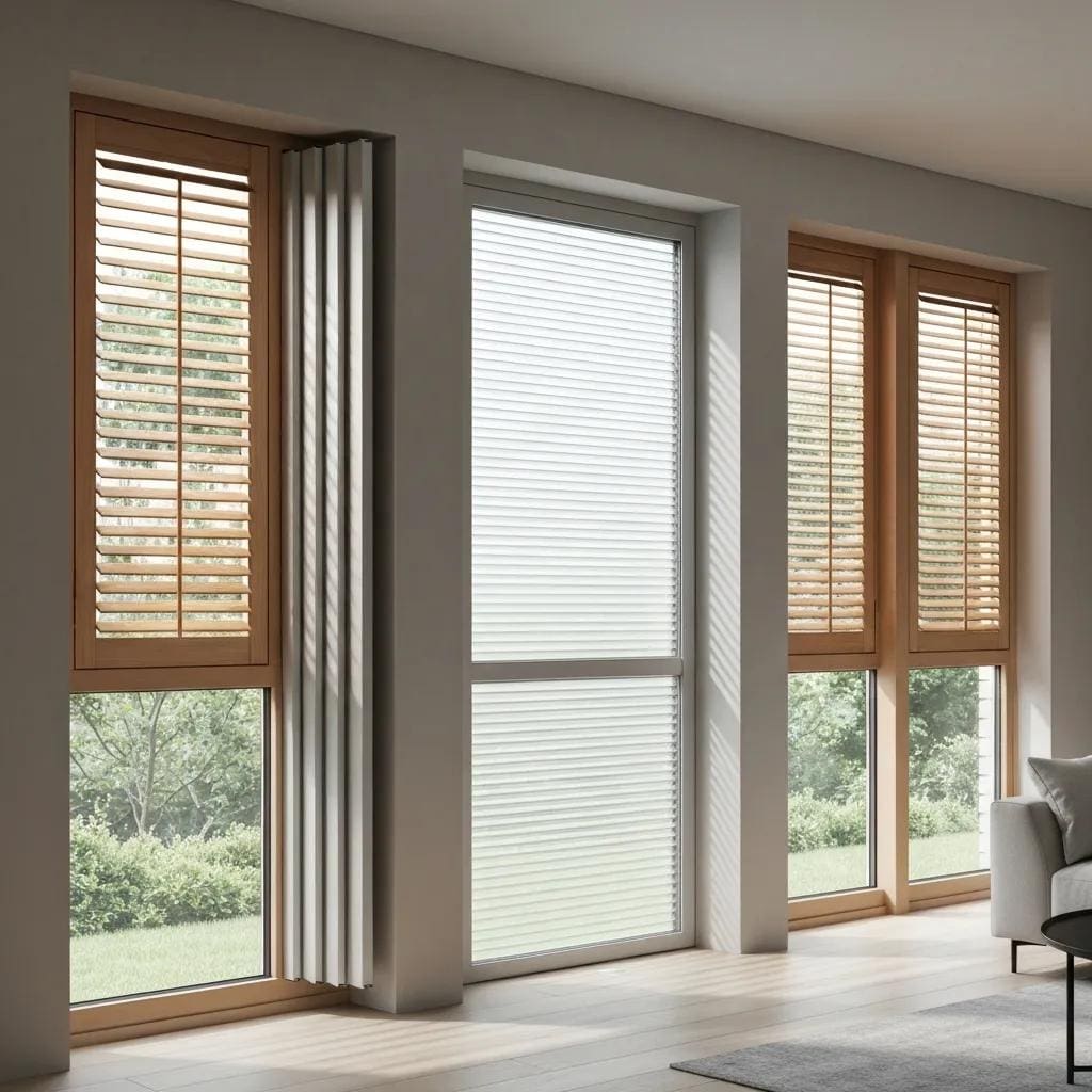 Accordion shutters made from aluminum, steel, and polycarbonate in a coastal setting, showcasing durability and aesthetic appeal