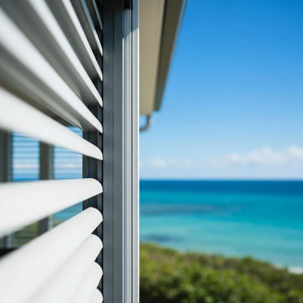Accordion shutters on a coastal home, highlighting storm protection features
