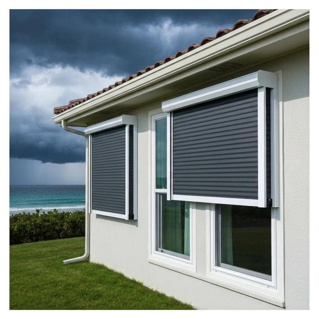 Accordion shutters on a coastal home, illustrating hurricane protection features