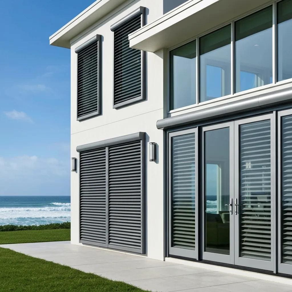 Accordion shutters on a coastal home, illustrating noise reduction and hurricane protection features