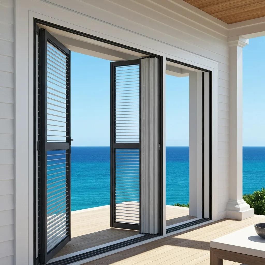 Accordion shutters on a coastal home providing storm protection and aesthetic appeal
