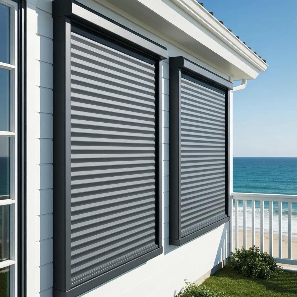 Accordion shutters on a coastal home ready for hurricane protection