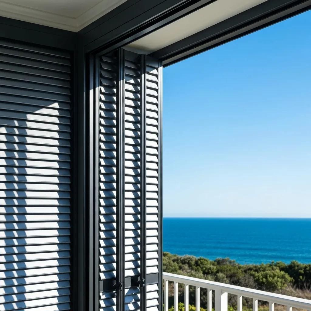 Accordion shutters on a coastal home with ocean view, highlighting storm protection features