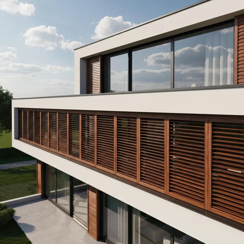 Accordion shutters partially closed on a coastal home, showcasing their strength and storm protection capabilities