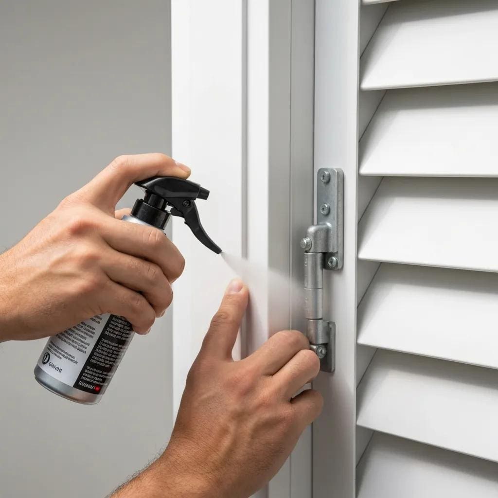 Applying lubricant to shutter hinges and tracks to maintain smooth operation