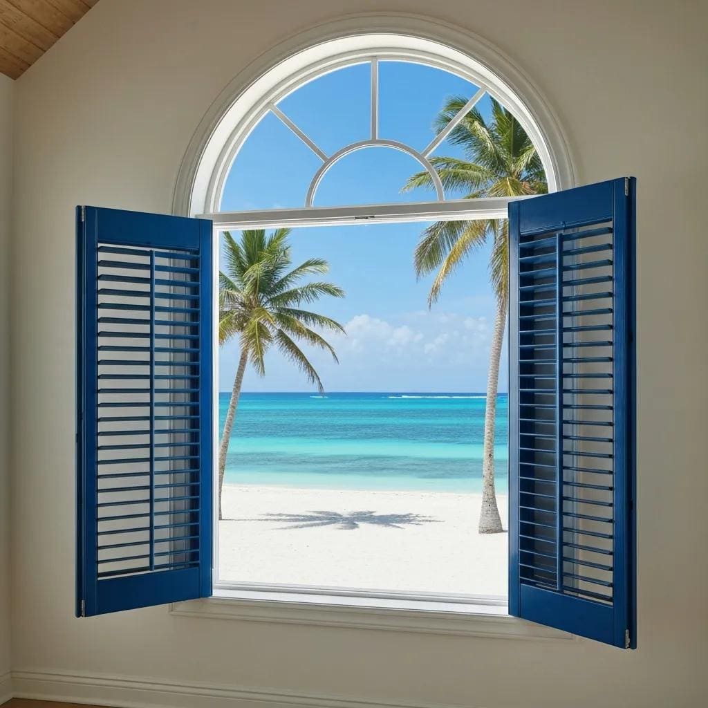 Bahama shutter mounted above a window showing its shading and protective roles in a sunny coastal setting