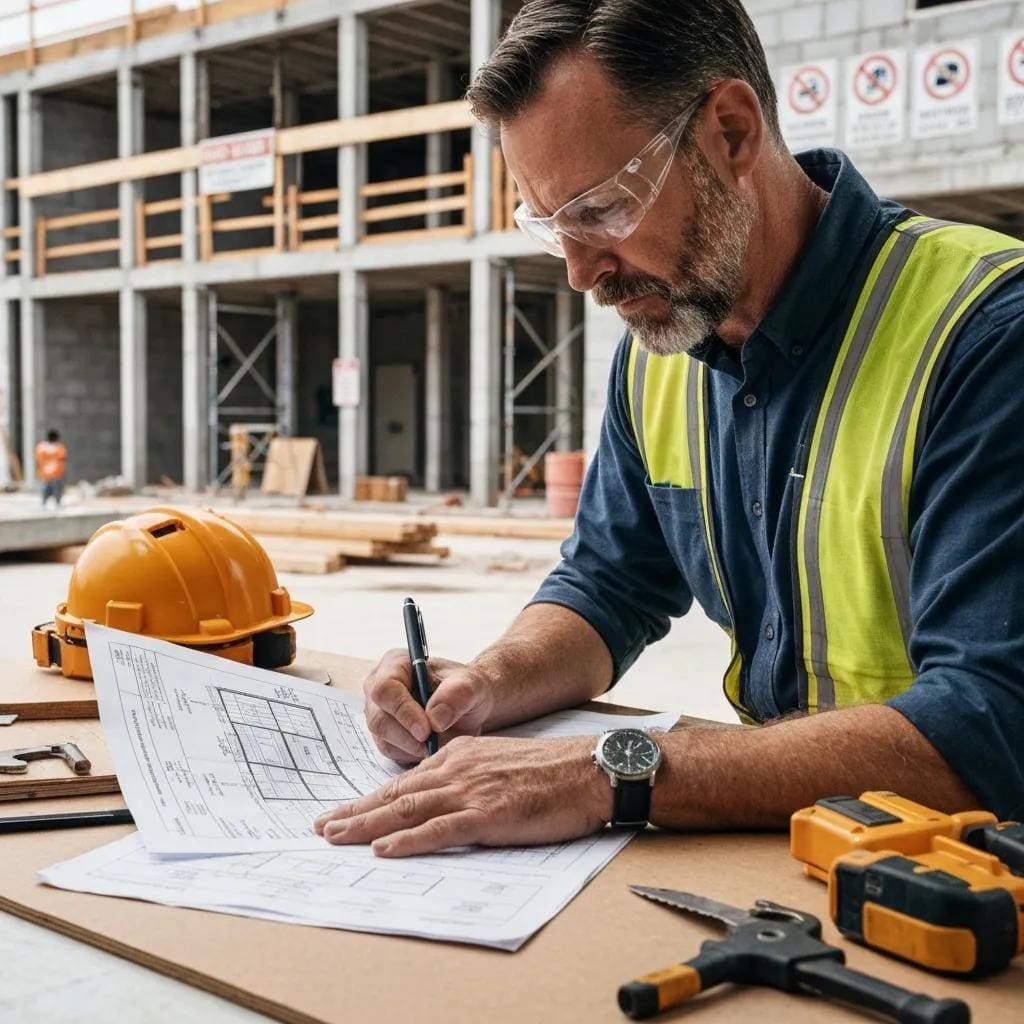 Building inspector checking hurricane shutter documentation at a job site