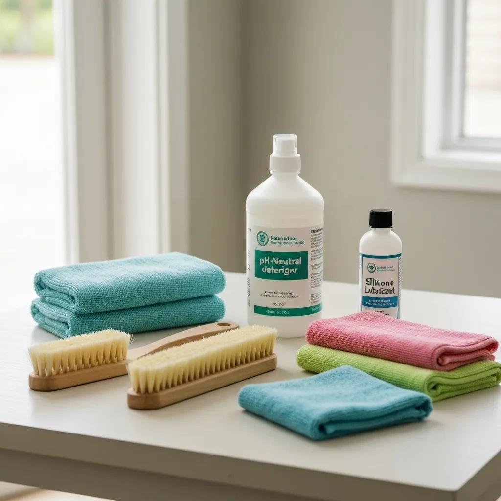 Soft brushes, microfiber cloths and safe cleaning products for roll‑down shutters — recommended tools for coastal maintenance
