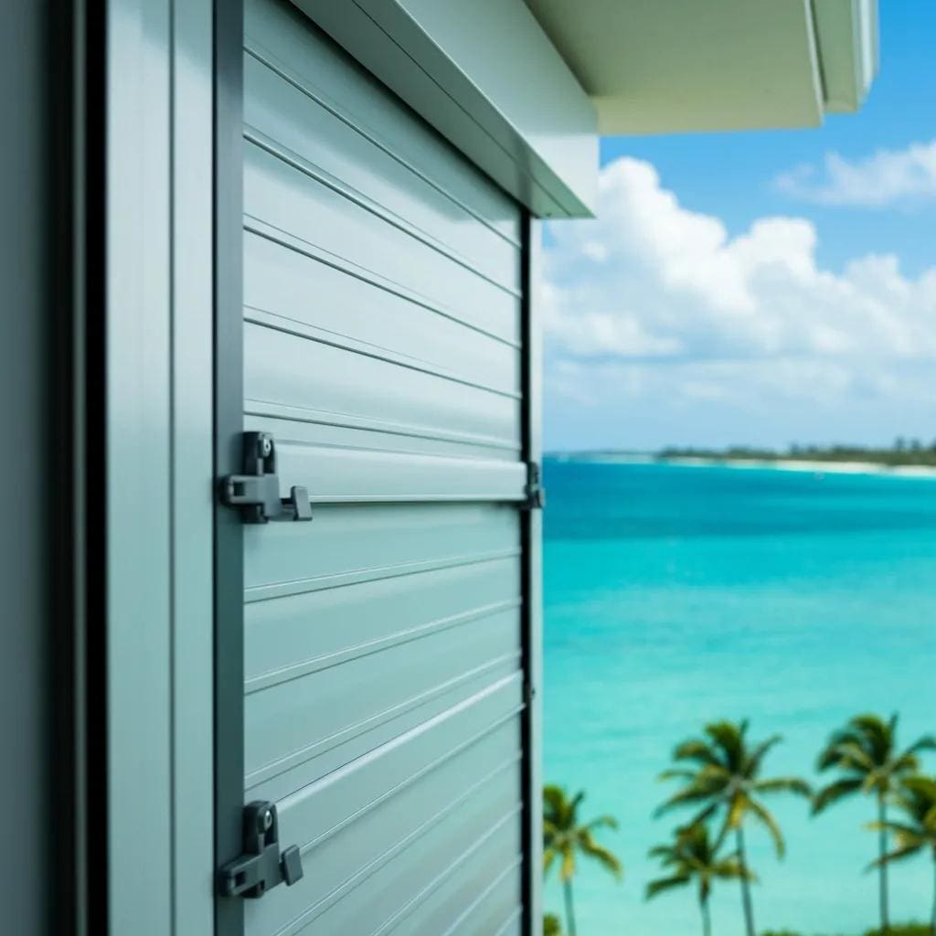 Close-up-of-a-closed-roll-down-hurricane-shutter-showcasing-security-features-in-a-coastal-setting-e3f16d6d-238c-4487-b19c-e0f0ac4abd03webp - american hurricane shutters Close view of a closed roll‑down hurricane shutter highlighting its secure, continuous surface