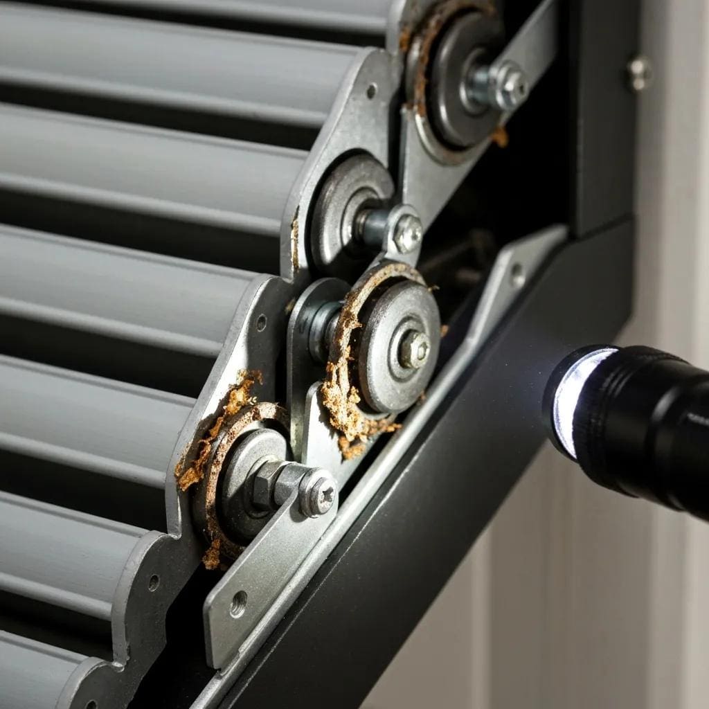 Close-up of an accordion shutter jam at the wheels and track