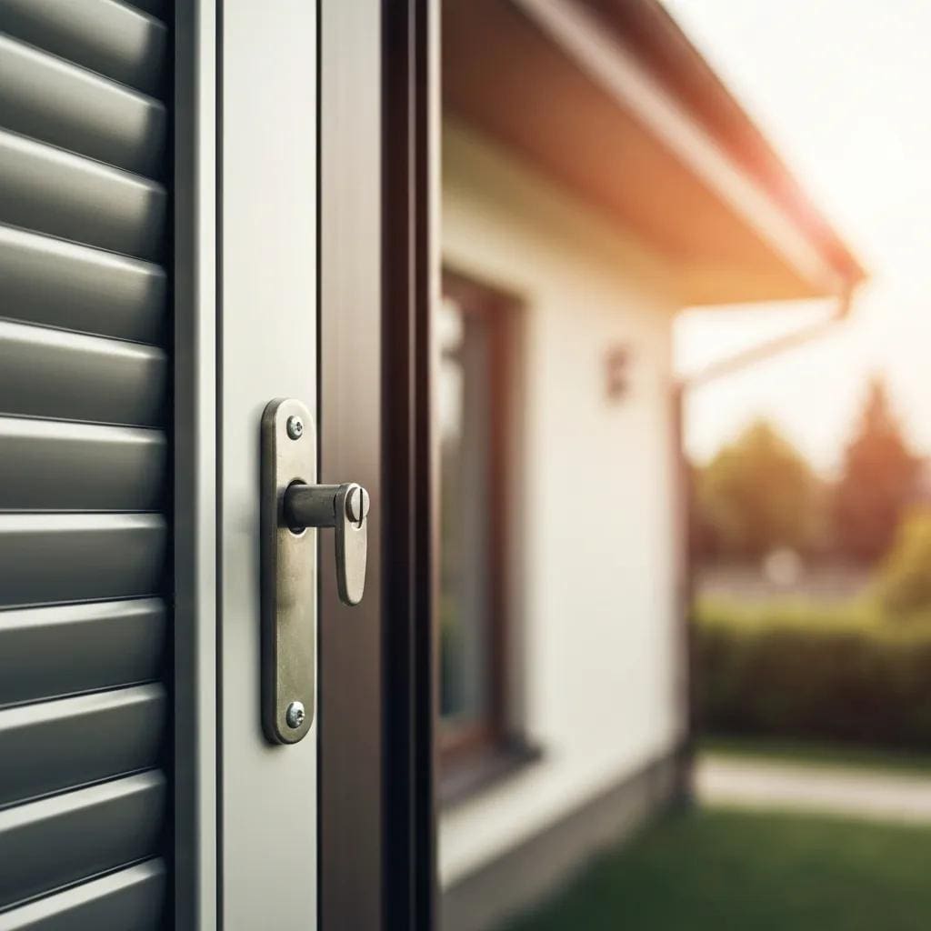 Close-up-of-a-locking-mechanism-on-an-accordion-shutter-illustrating-security-features-62f87aba-c0d9-405c-b629-54c5b2b2265cwebp - american hurricane shutters Close-up of an accordion shutter locking mechanism highlighting security features