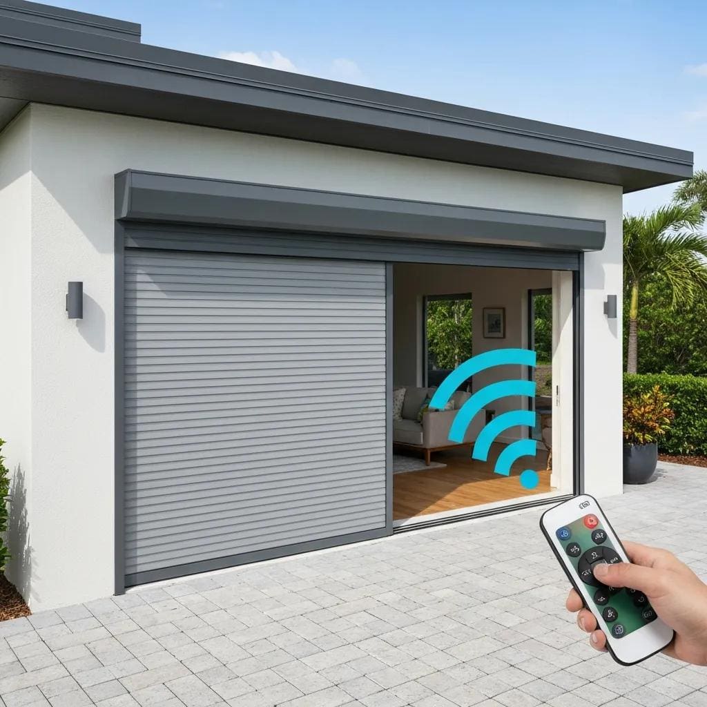 Close‑up of a motorized roll‑down shutter being deployed with a remote control