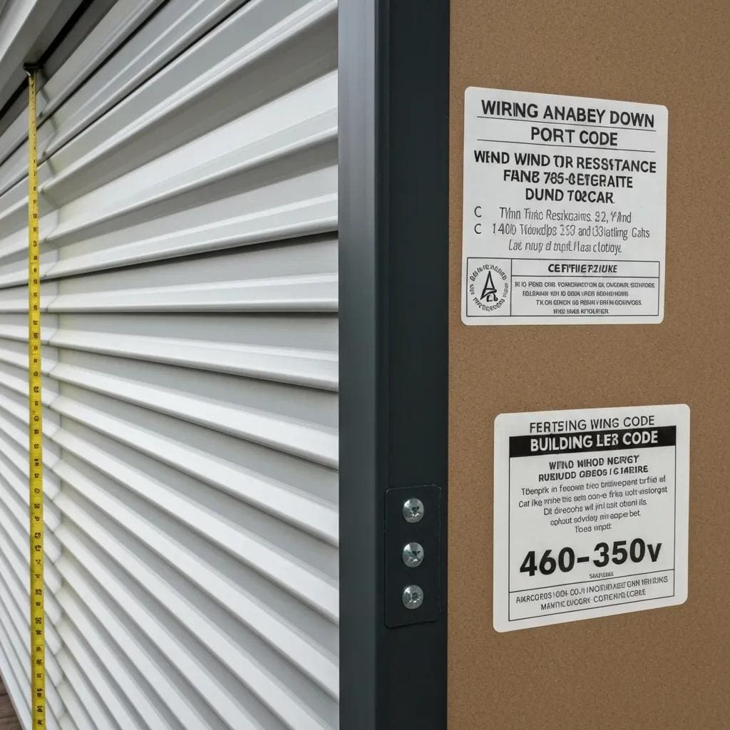 Close up of a roll‑down hurricane shutter with certification labels and wind‑rating info