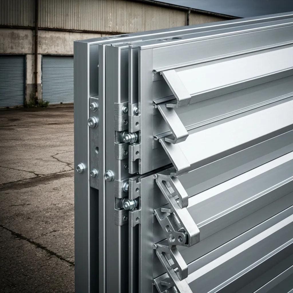 Close-up of accordion shutter materials, showcasing aluminum panels and stainless-steel fasteners
