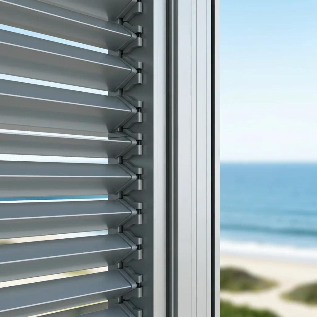 Close-up showing interlocking slats and heavy-duty mounting rail of an accordion shutter