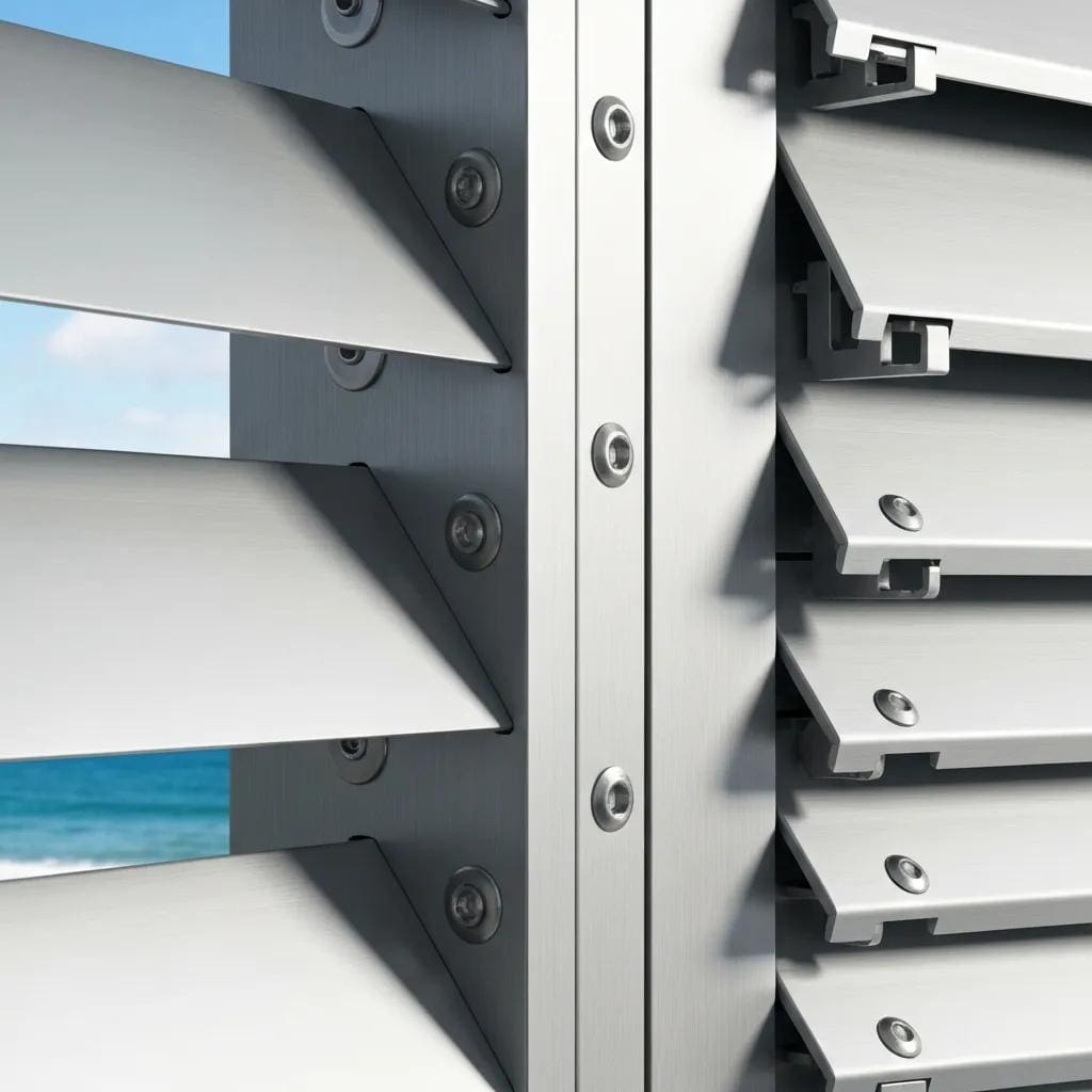 Close-up of accordion shutters showing durable materials and weatherproof design details