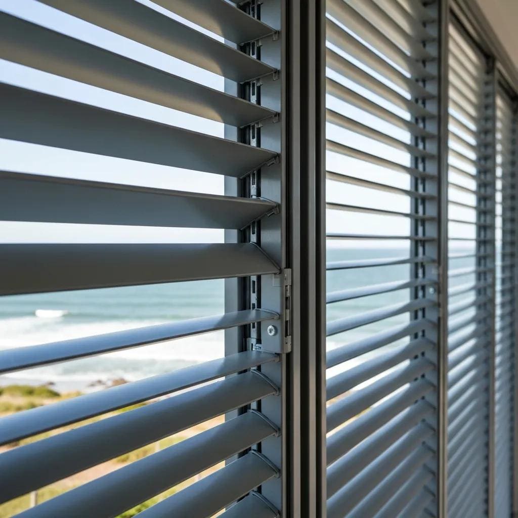 Close-up of accordion shutters highlighting their folding design and coastal-ready finish