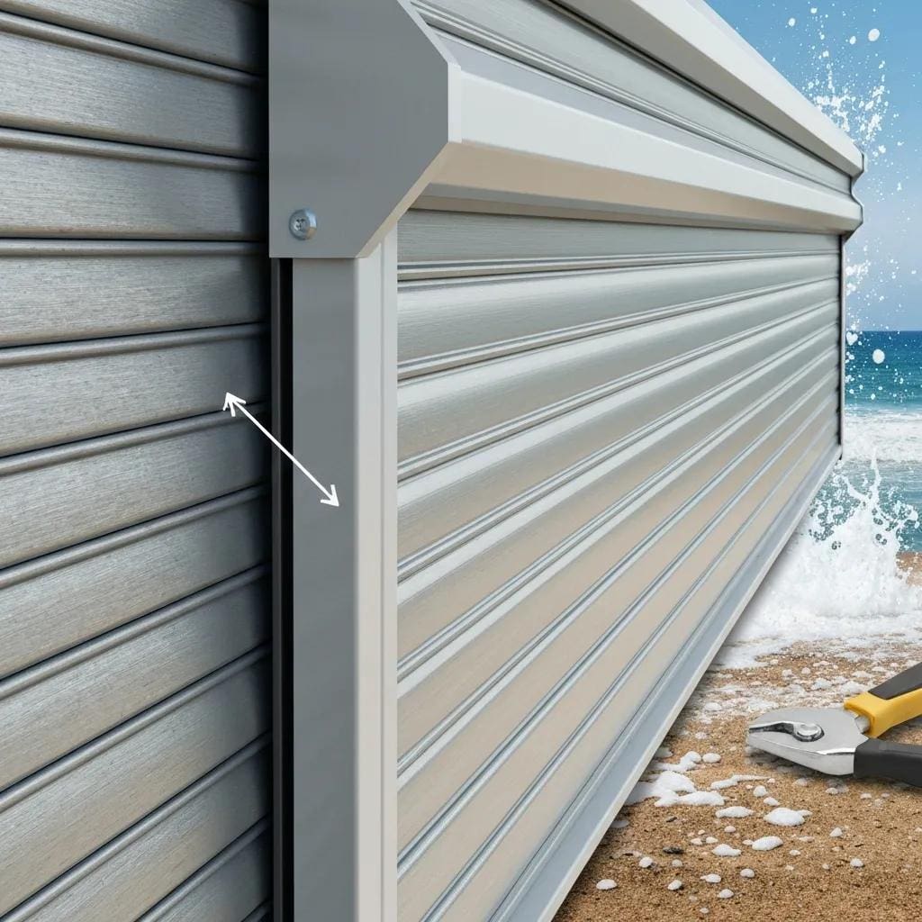 Close-up of aluminum and steel roll down shutters showcasing durability in a coastal environment