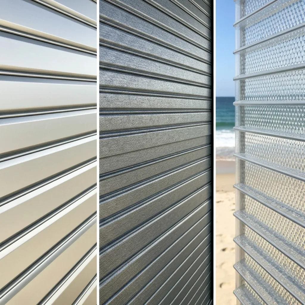Close-up of aluminum, steel, and polycarbonate roll down shutter materials showing their textures and finishes