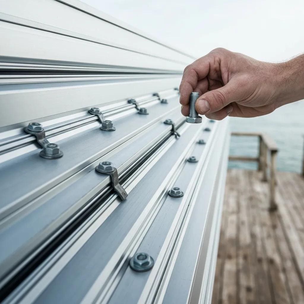 Close-up inspection of aluminum storm shutters showing fasteners and seals for corrosion checks