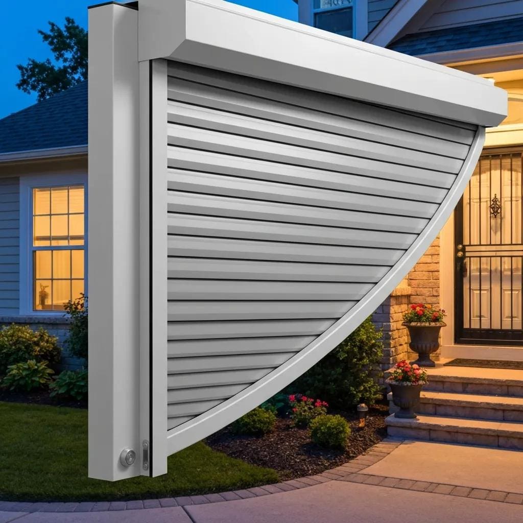 Close-up of closed roll down hurricane shutters showing security features